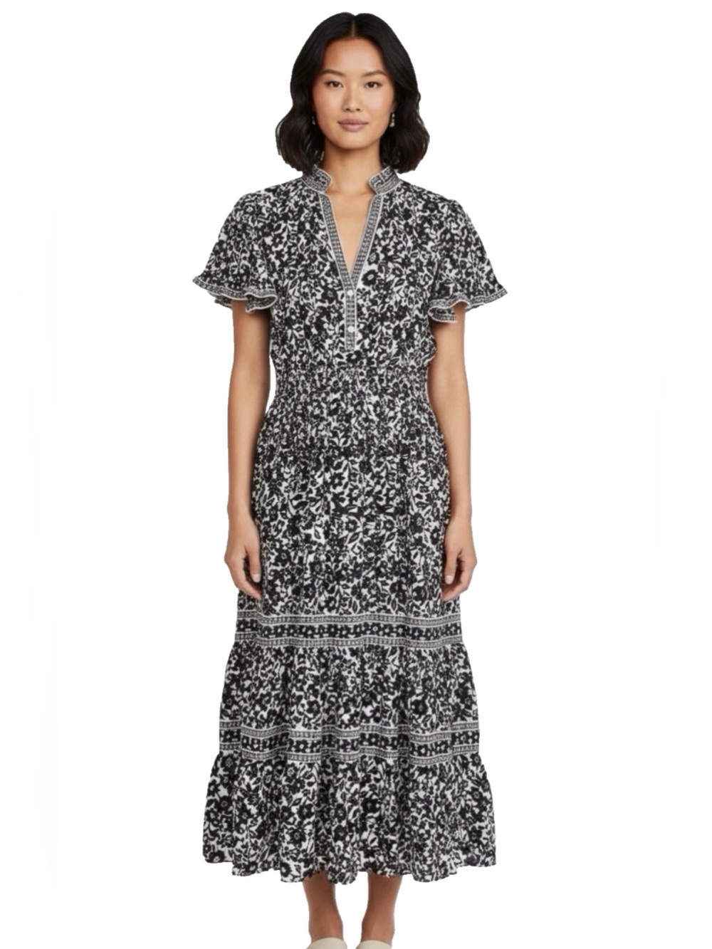Max Studio Black Floral Tiered Midi Dress V Neck Short Sleeve XS Wedding Guest